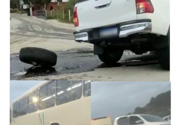 Carro bate em ônibus da Viação do Sul e sai a roda na Rodovia dos Minérios