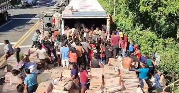 Caminhão tomba e multidão saqueiam carga de frango na BR – 277