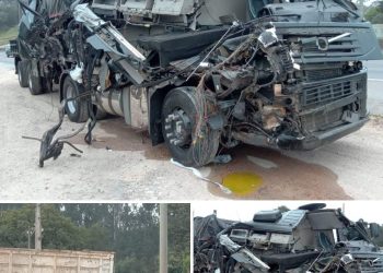 Caminhão fica destruído após acidente na BR-116