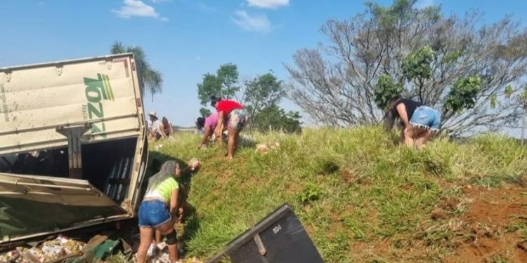 Mulheres são presas após saquear caminhão de cerveja que tombou na BR-277