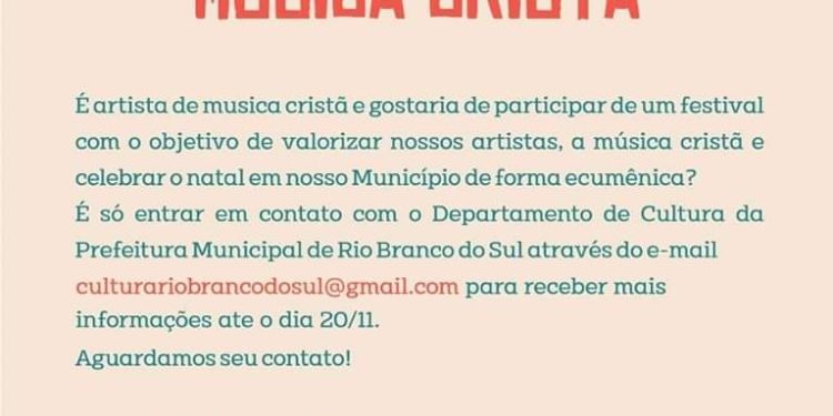 Estão abertas as inscrições para 1º Festival de Música Cristã em Rio Branco do Sul