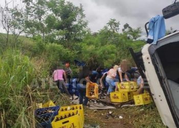 CAMINHÃO CARREGADO COM GARRAFAS DE CERVEJA TOMBA E TODA A CARGA É SAQUEADA NA PR-44