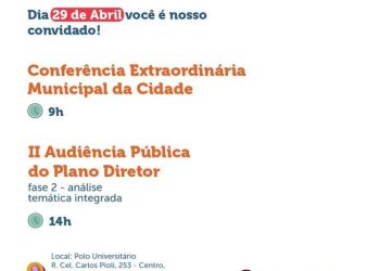A Prefeitura de Rio Branco do Sul convoca toda a população para participar da Conferência Extraordinária Municipal da Cidade e da 2ª Audiência Pública da Revisão do Plano Diretor Municipal de Rio Branco do Sul.