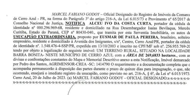 NOTIFICAÇÃO DE PEDIDO DE USUCAPIÃO EXTRAJUDICIAL