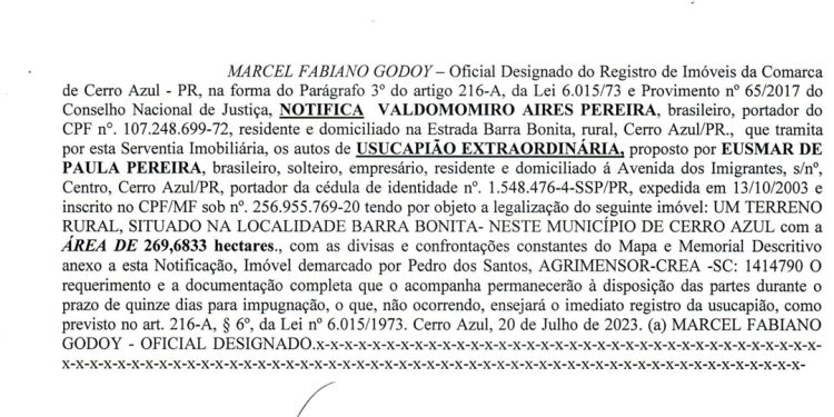 NOTIFICAÇÃO DE PEDIDO DE USUCAPIÃO EXTRAJUDICIAL