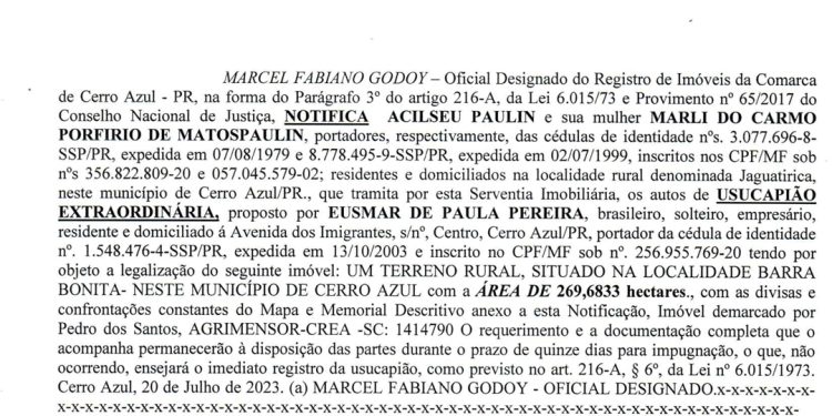 NOTIFICAÇÃO DE PEDIDO DE USUCAPIÃO EXTRAJUDICIAL