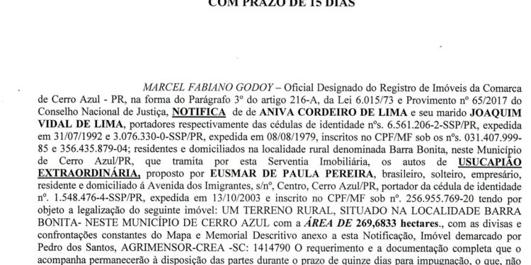 NOTIFICAÇÃO DE PEDIDO DE USUCAPIÃO EXTRAJUDICIAL