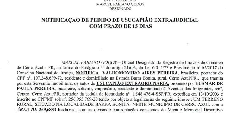 Notificação de Pedido de USUCAPIÃO extrajudicial