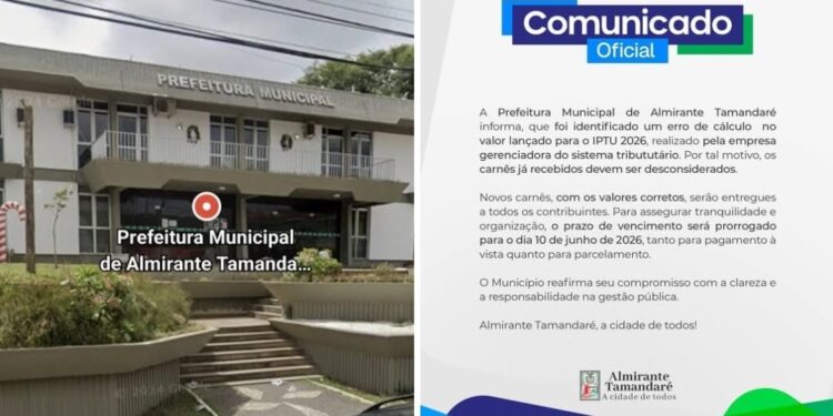 Prefeitura de Almirante Tamandaré identifica erro no IPTU 2026 e prorroga prazo de pagamento