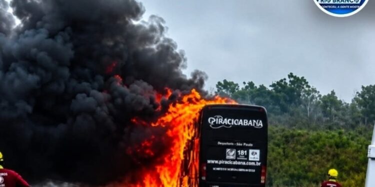 Ônibus pega fogo na BR-376 e interdita rodovia no sentido interior do Paraná